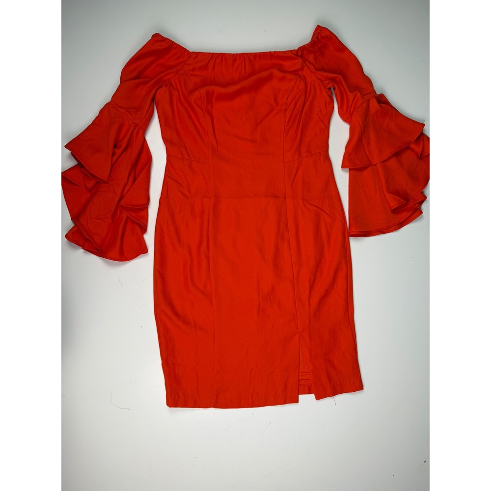 Orange Off‎ the Shoulder Ruffle Bell Sleeve Sheath Fitted Waist Dress Size 8